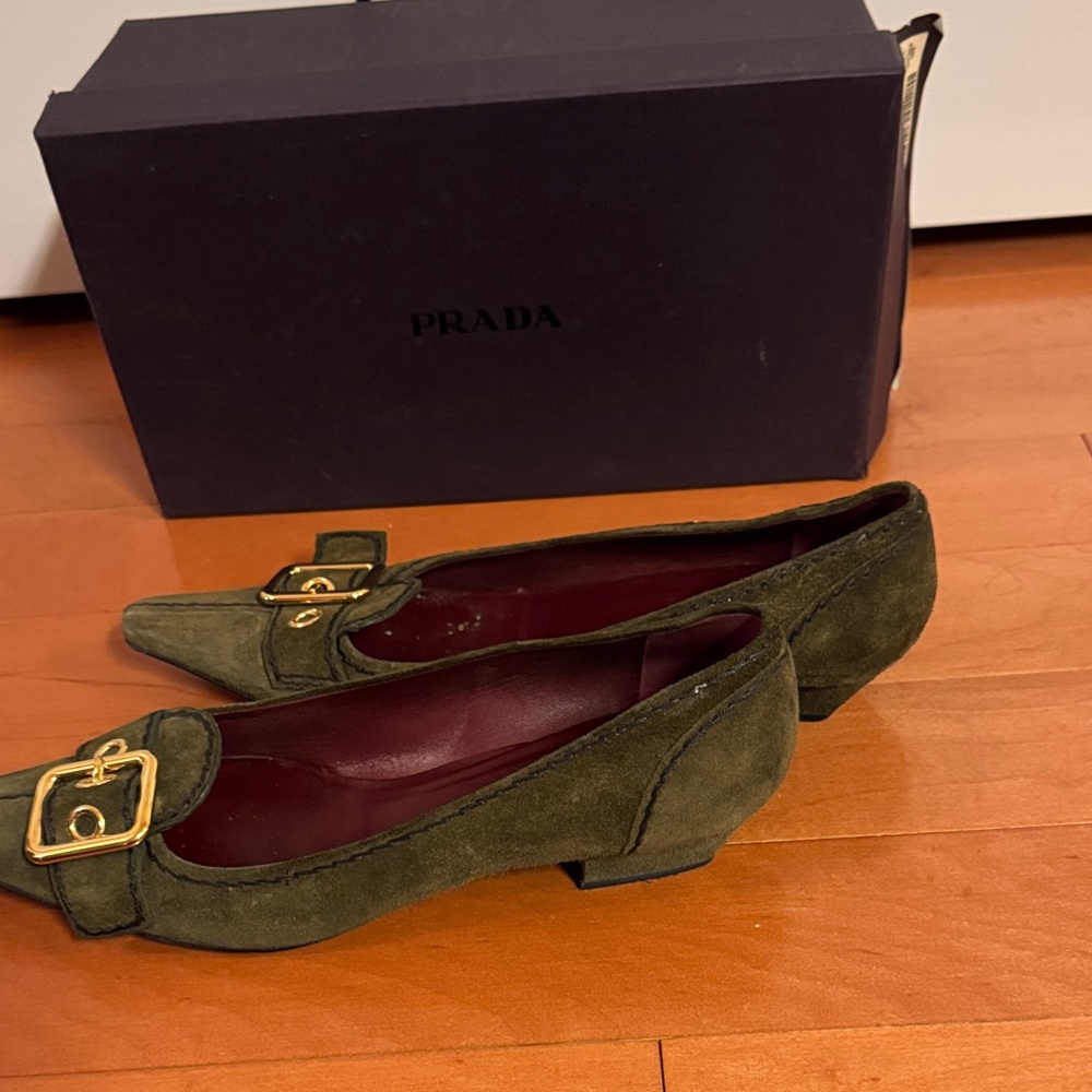 Prada Olive Green Suede Pointed-Toe Flats with Gold Buckle - Picture 2 of 5